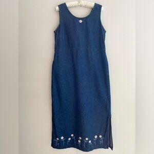 ERIKA & CO Denim Sleeveless Maxi Dress Side Slits Floral Embroidery Cottagecore